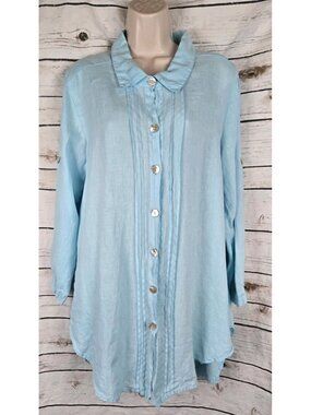 Match Point Blue 100% Linen Tunic Top S Button Front Pleated Roll Sleeves